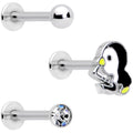 16G 5/16 Clear Gem Winter Penguin Labret Monroe Tragus Set of 3