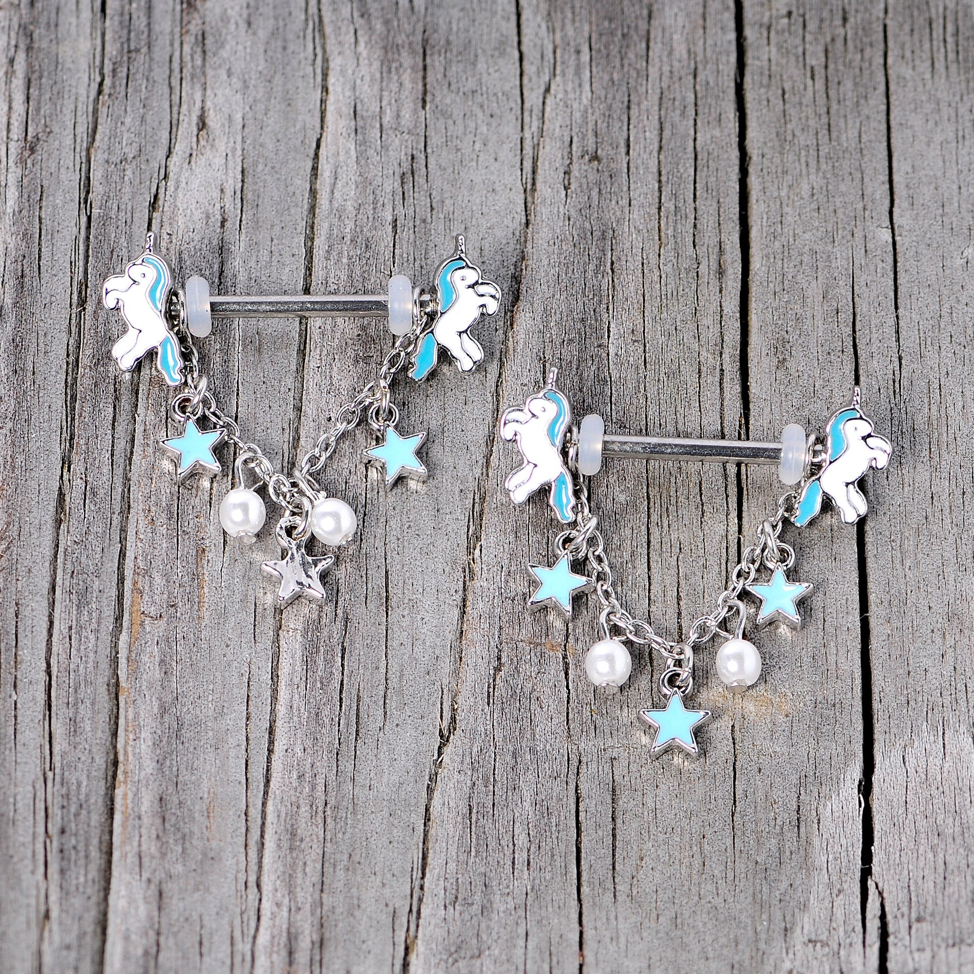 14G 5/8 Blue White Unicorn Star Chain Dangle Nipple Ring Set