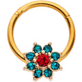 16G 5/16 Red Gem Gold Tone Christmas Flower Hinged Segment Ring