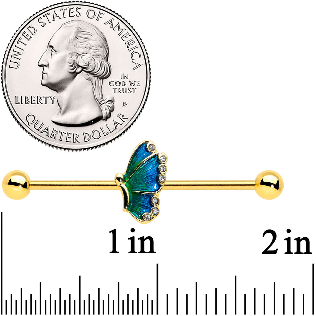 14G Gold Tone Ombre Blue Butterfly Industrial Barbell 38mm