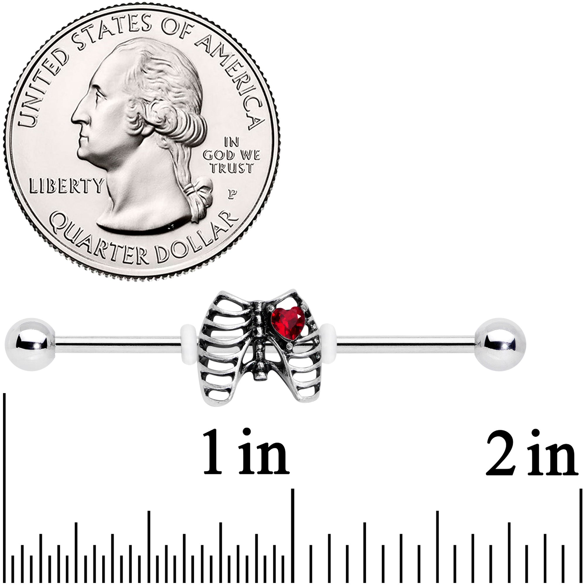 14G Red CZ Gem Heart Skeleton Halloween Industrial Barbell 38mm