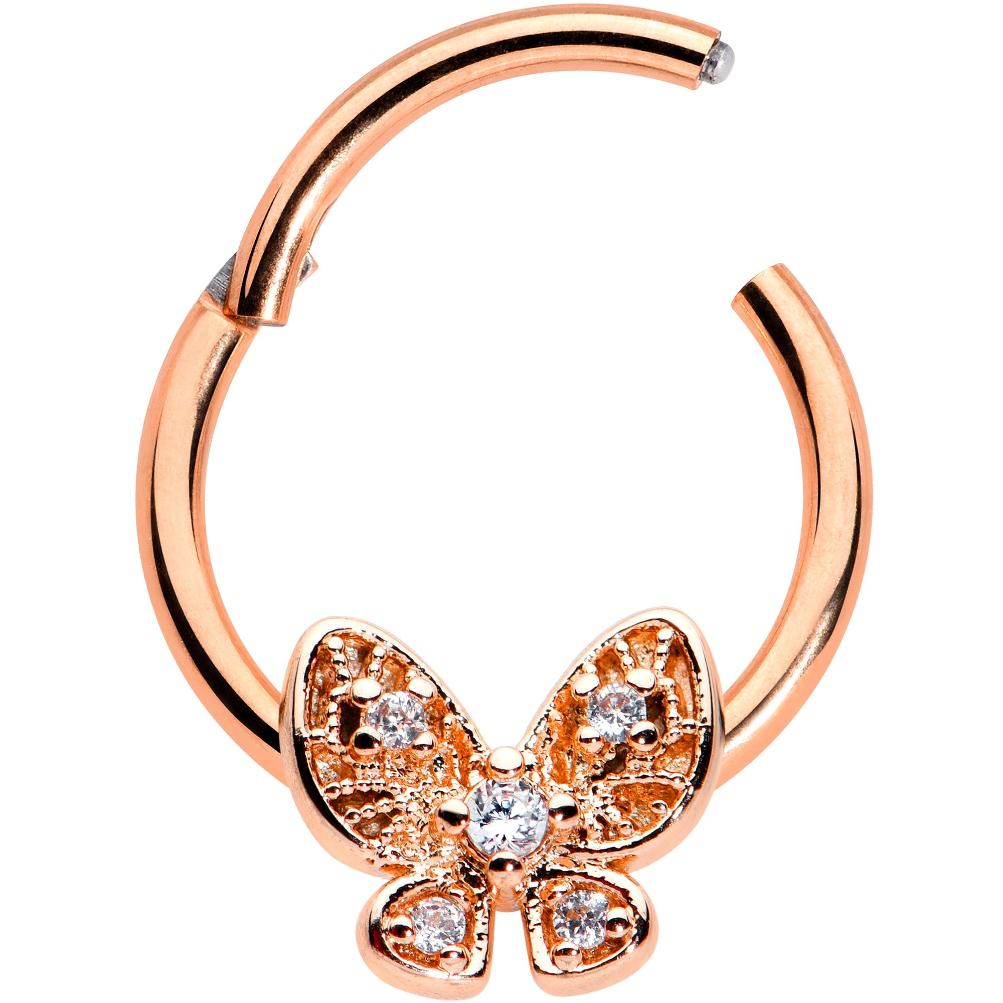 16G 3/8 Clear Gem Rose Gold Hue Airy Butterfly Hinged Segment Ring