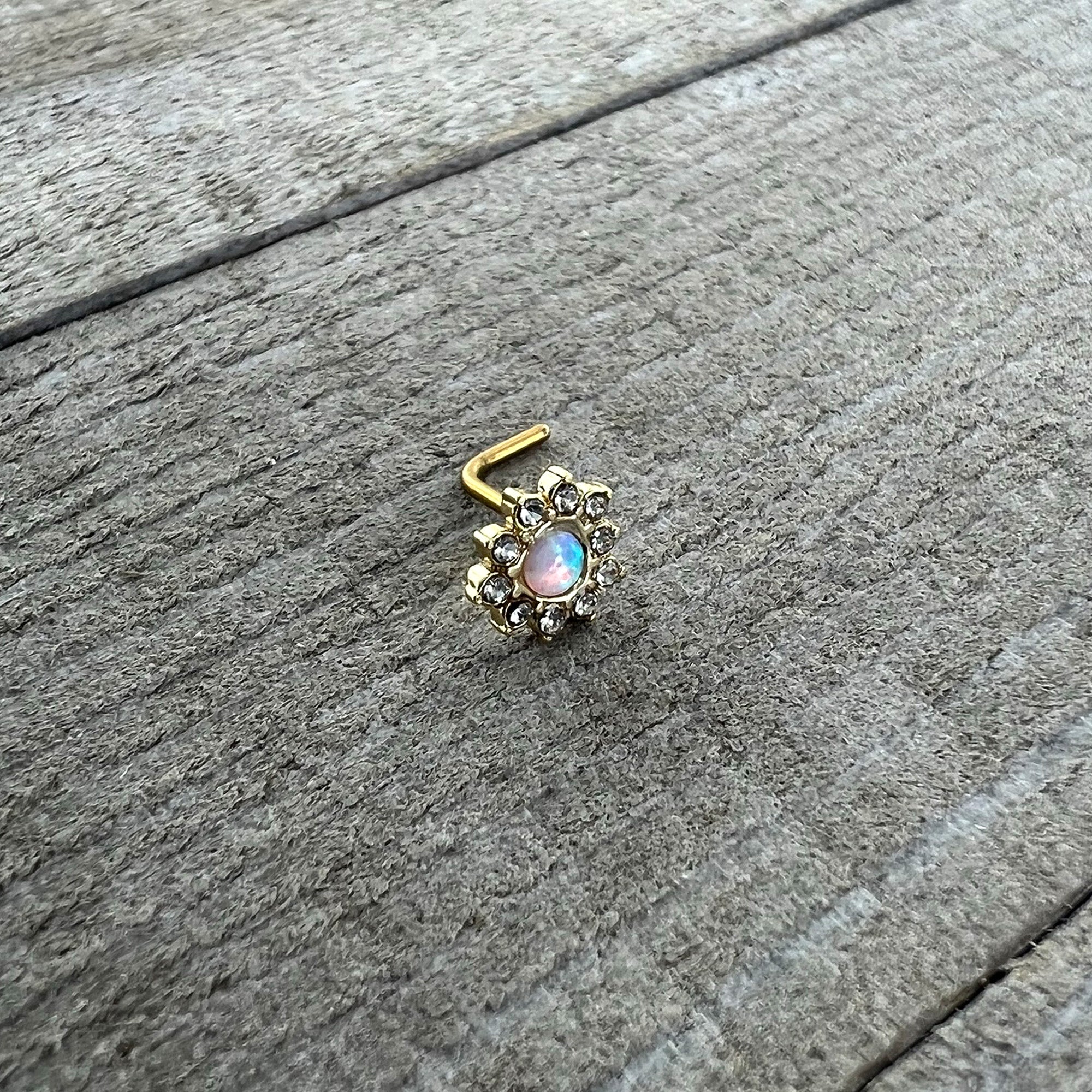 20G 7mm White Faux Opal Gold Tone Heart Sun L Shape Nose Ring