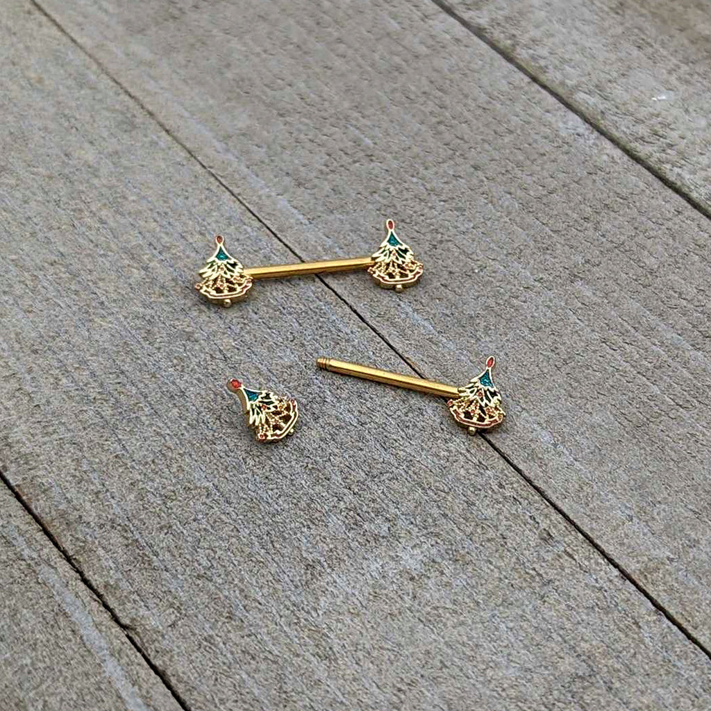 14G 9/16 Red Gem Gold Hue Deco Holiday Tree Barbell Nipple Ring Set