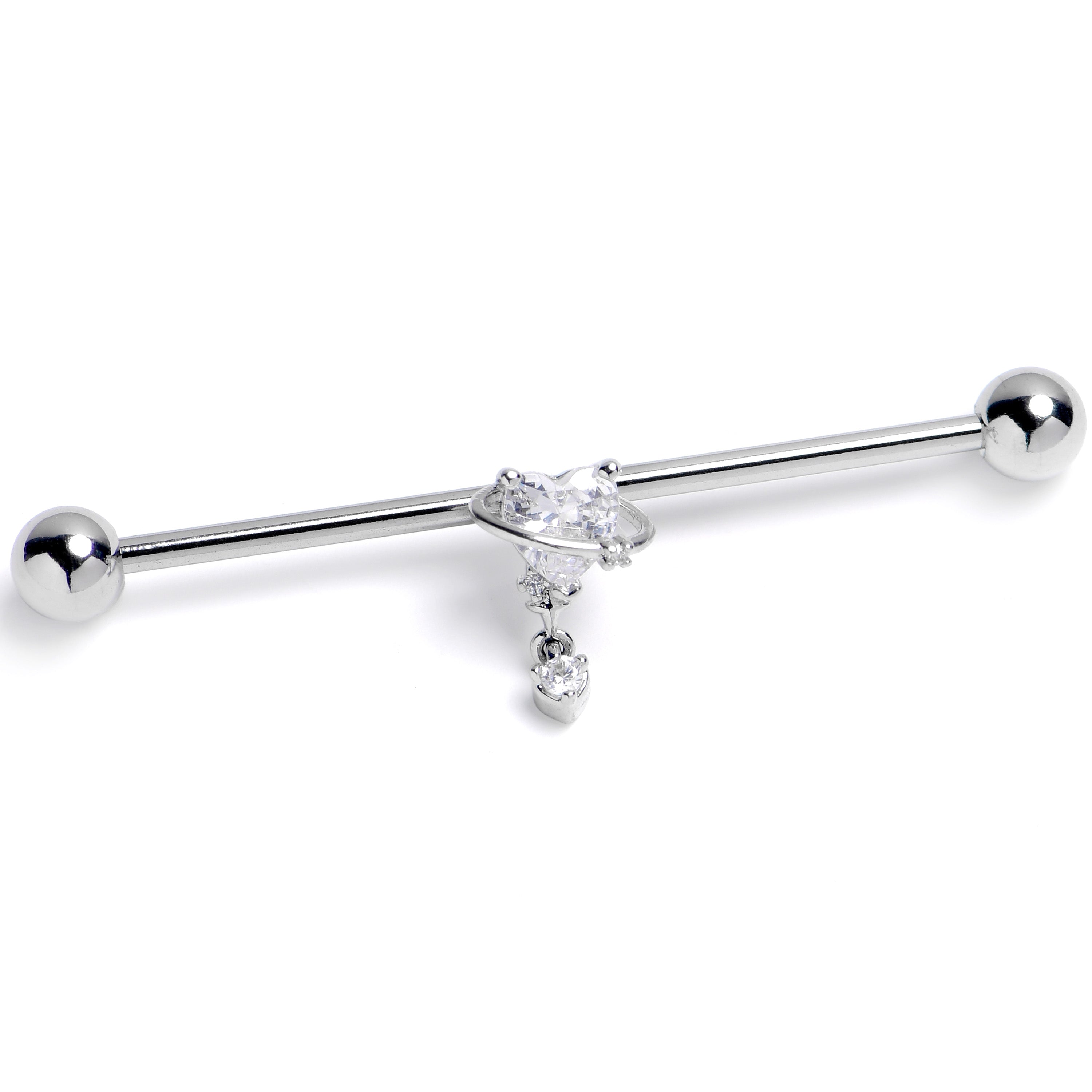 14G Clear CZ Gem Saturn Heart Dangle Industrial Barbell 38mm