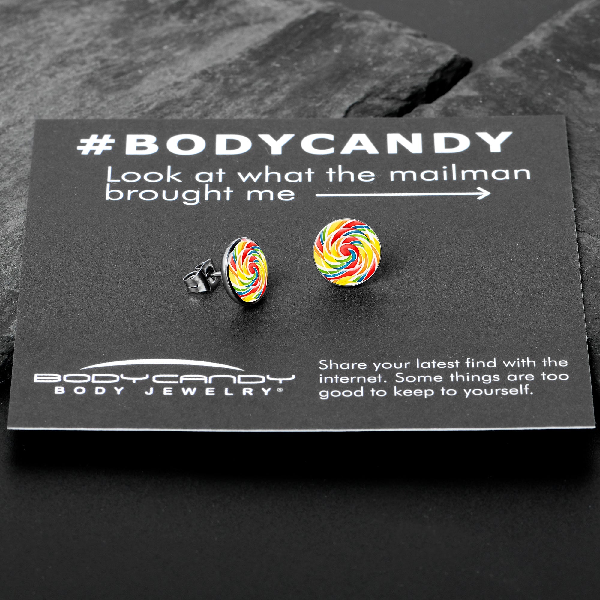 Rainbow Swirl Lollipop Stud Earrings by Onyx O