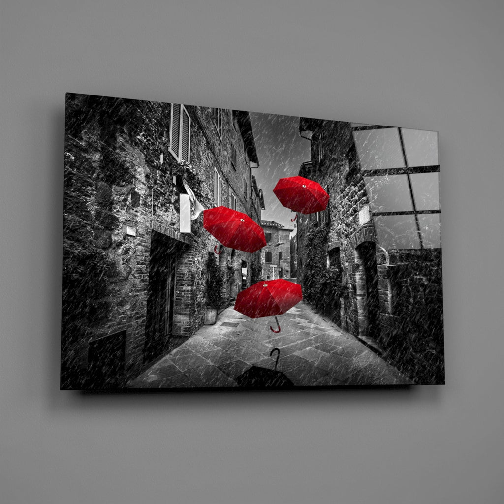 Red Umbrellas Glass Wall Art