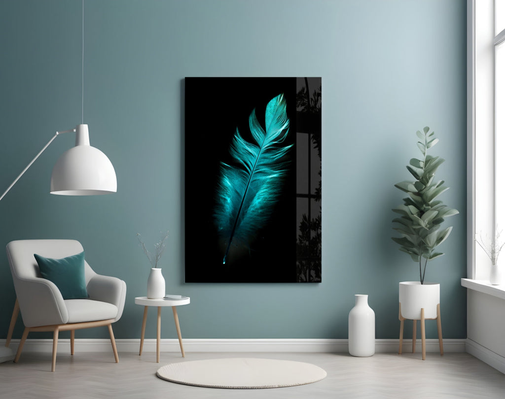 Green Feather Glass Wall Art