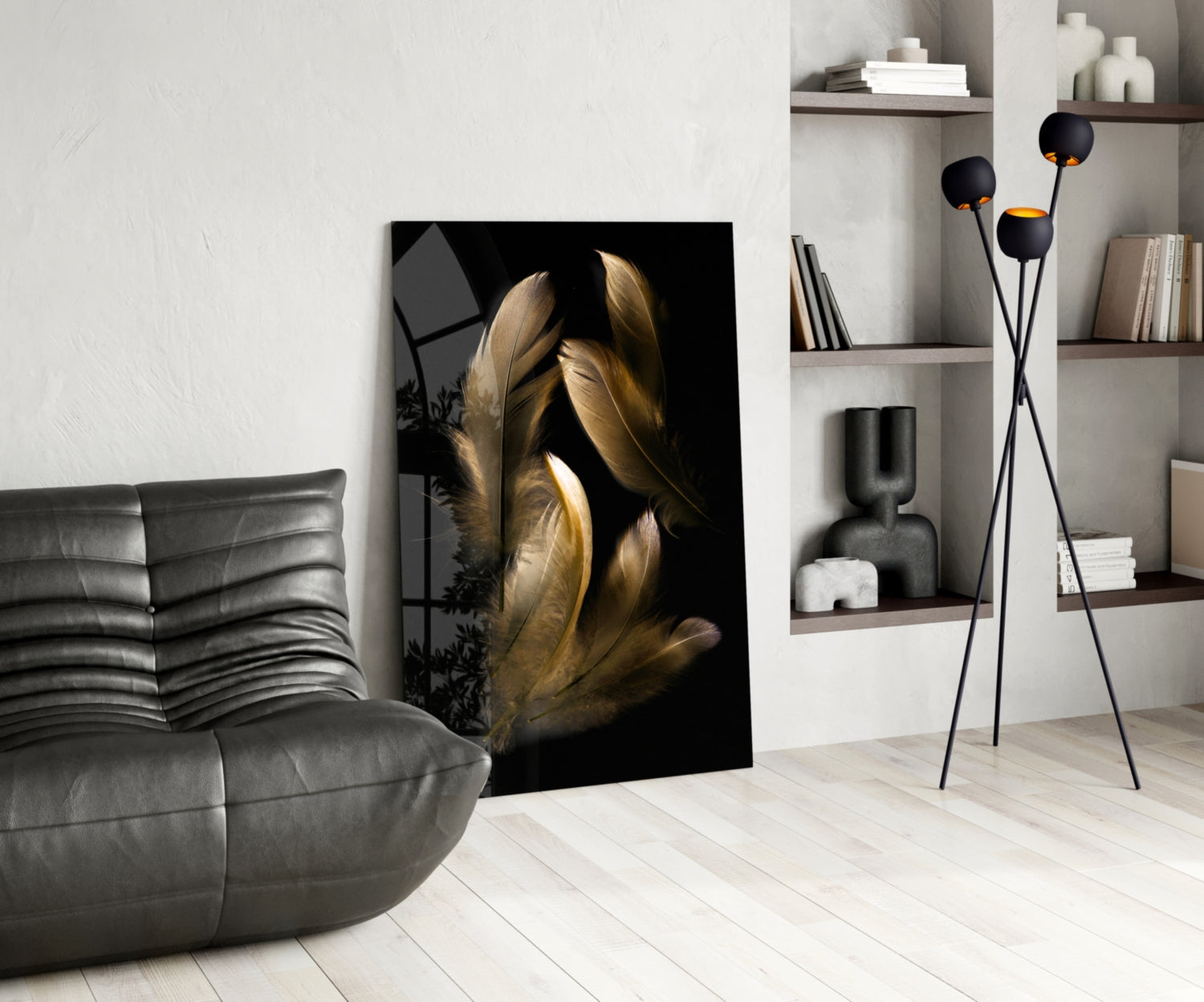 Tan Feather Glass Wall Art