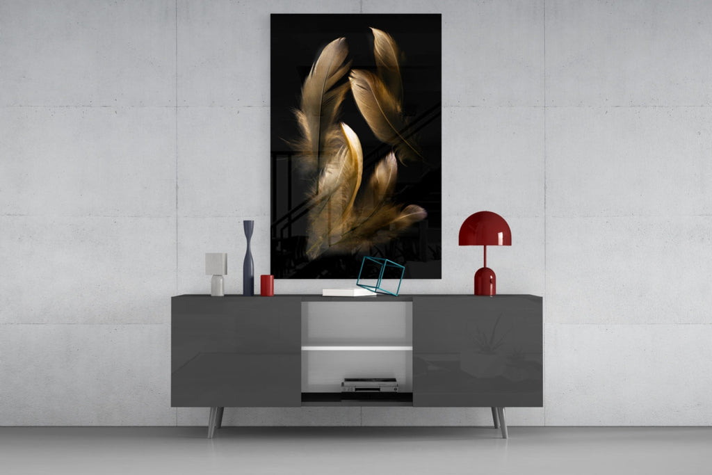Tan Feather Glass Wall Art
