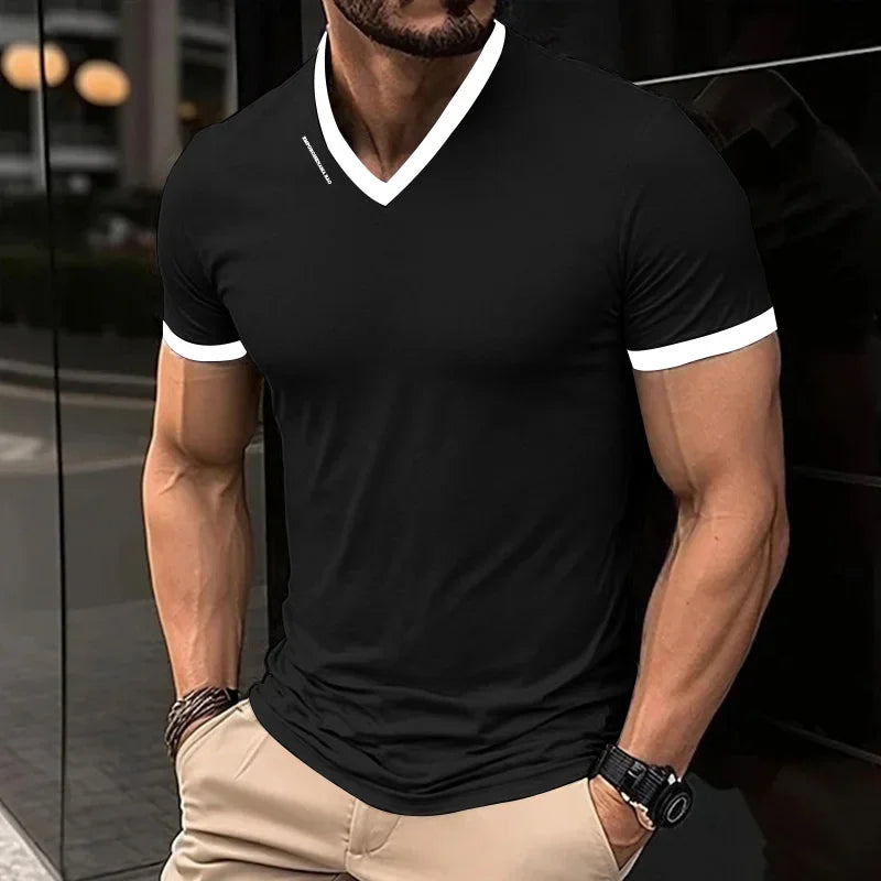 Men's Slim-fit Ribbed Striped Lapel Button Solid Color Stitching T-shirt Top