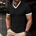 Men's Slim-fit Ribbed Striped Lapel Button Solid Color Stitching T-shirt Top