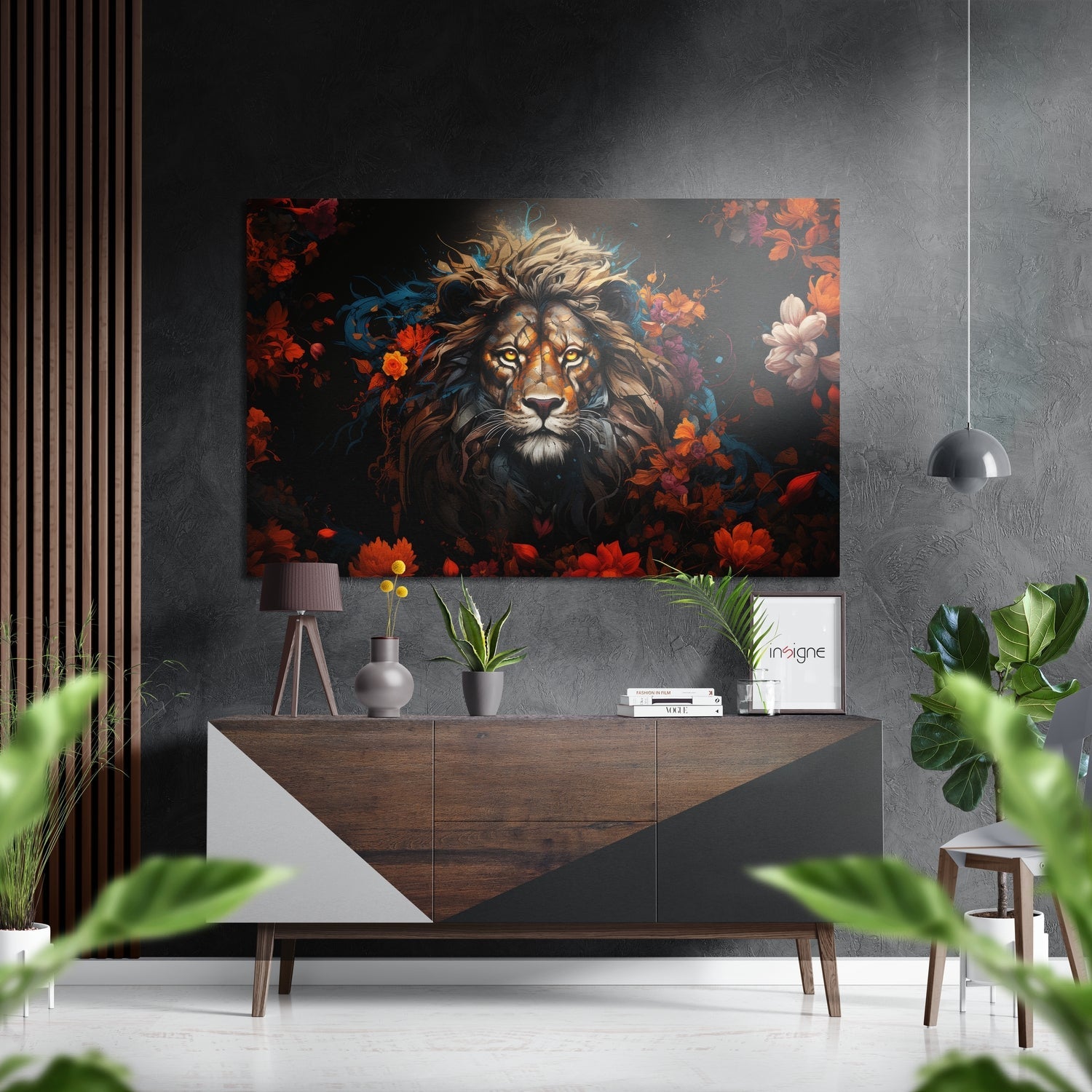 Lion in Flowers Brushed Aluminum Dibond Wall Art