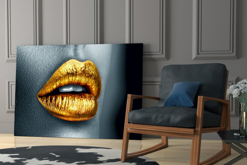 Golden Lips Glass Wall Art