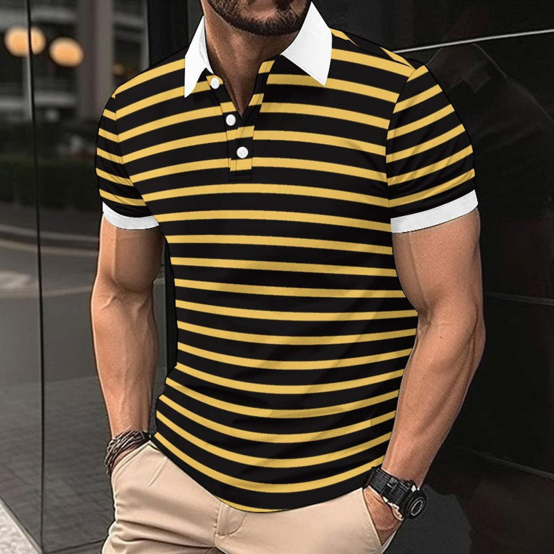 Men's Slim-fit Ribbed Striped Lapel Button Solid Color Stitching T-shirt Top