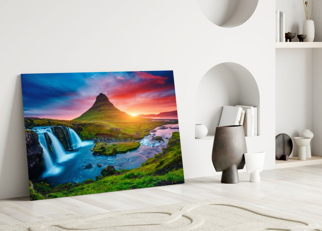Kirkjufellsfoss Waterfall and View Glass Wall Art